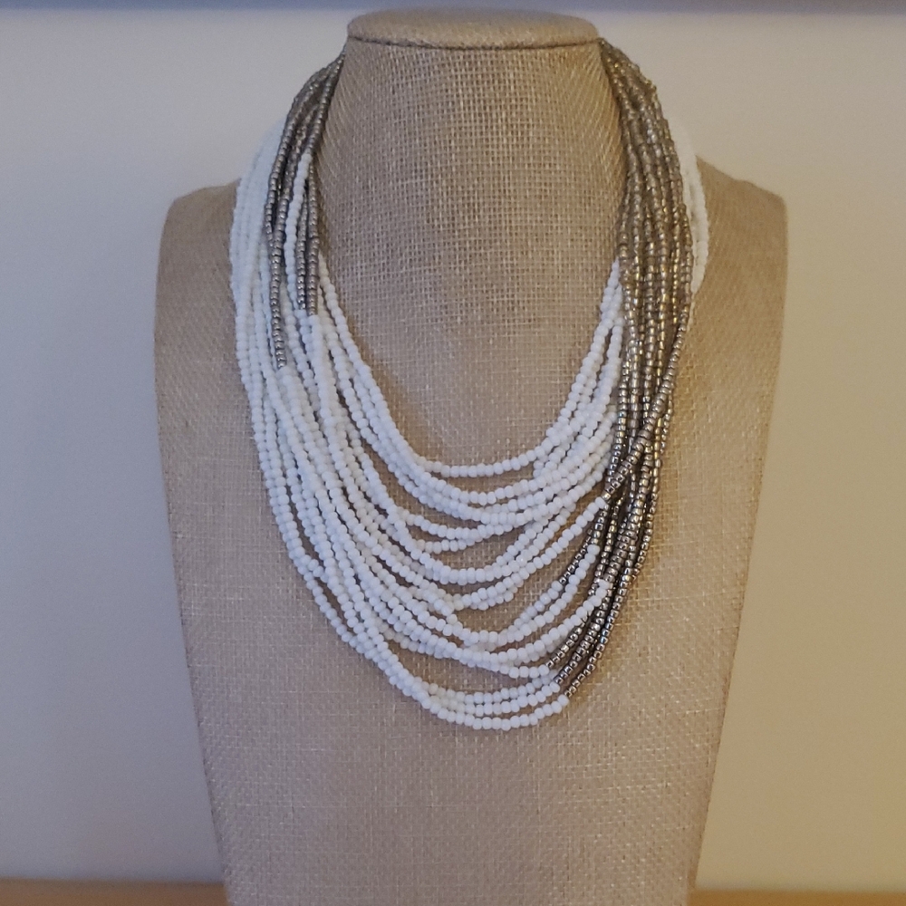 White and Gold-tone Beaded Necklace